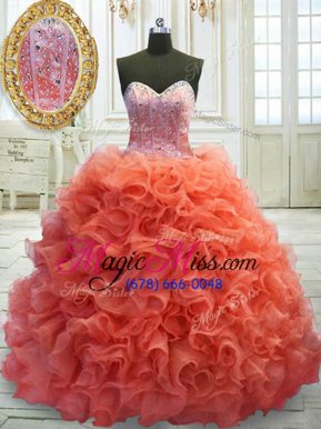 New Arrival Coral Red Sweetheart Lace Up Beading and Ruffles Quinceanera Dress Sweep Train Sleeveless