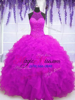 Sexy Floor Length Fuchsia Quinceanera Dress High-neck Sleeveless Lace Up