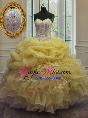 Luxurious Yellow Sleeveless Beading and Ruffles and Pick Ups Floor Length Sweet 16 Dresses