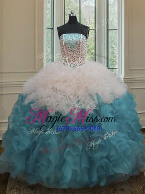 Gorgeous Blue And White Organza Lace Up Strapless Sleeveless Floor Length Vestidos de Quinceanera Beading and Ruffles