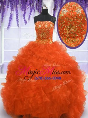 Pretty Orange Sleeveless With Train Beading and Appliques and Ruffles Lace Up Sweet 16 Quinceanera Dress