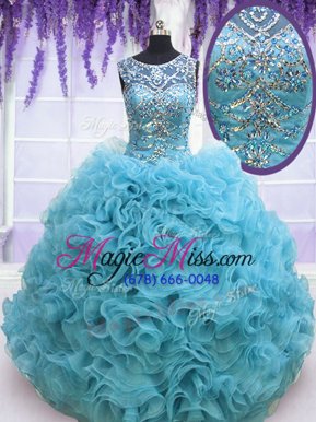 Gorgeous Organza Square Sleeveless Lace Up Beading and Ruffles 15th Birthday Dress in Baby Blue