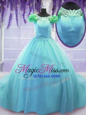 Sexy Scoop Short Sleeves Court Train Lace Up Quince Ball Gowns Blue Tulle