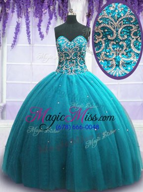 Deluxe Teal Sleeveless Beading Floor Length Sweet 16 Dresses