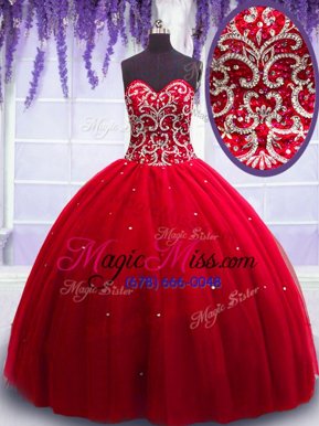 Spectacular Red Sleeveless Beading Floor Length Quinceanera Gowns