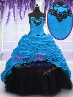 Fancy Blue Sleeveless Sweep Train Appliques and Pick Ups With Train Quinceanera Dress