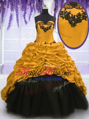 Best Selling Black and Gold Taffeta Lace Up Quinceanera Gowns Sleeveless Sweep Train Appliques and Pick Ups