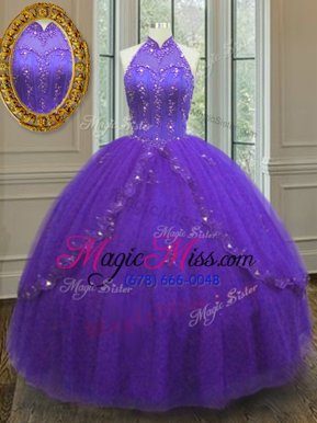 Hot Selling High-neck Sleeveless Lace Up Sweet 16 Dresses Purple Tulle