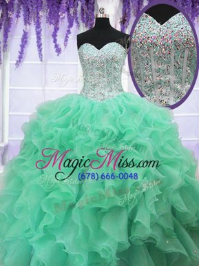 Affordable Sleeveless Floor Length Ruffles and Sequins Lace Up Quinceanera Dress with Apple Green