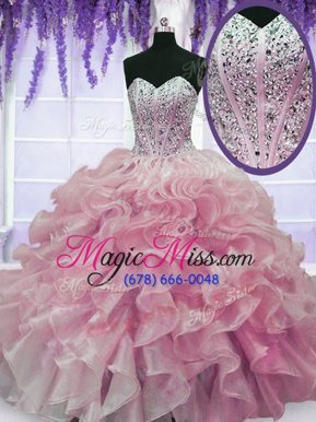 Sumptuous Sleeveless Floor Length Beading and Ruffles Lace Up Ball Gown Prom Dress with Rose Pink