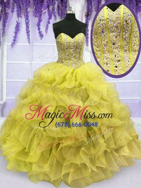 Comfortable Organza Sweetheart Sleeveless Lace Up Beading and Ruffles Sweet 16 Quinceanera Dress in Yellow