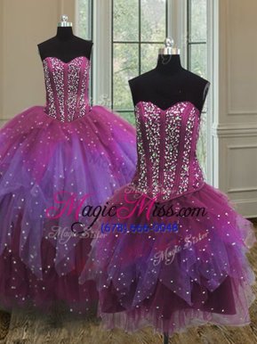 Cheap Three Piece Sleeveless Floor Length Beading Lace Up Sweet 16 Quinceanera Dress with Multi-color