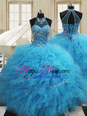 Glittering Scoop Baby Blue Sleeveless Floor Length Beading and Ruffles Lace Up Ball Gown Prom Dress