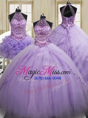 Lovely Three Piece Halter Top Lavender Sleeveless Brush Train Sequins Quinceanera Gown