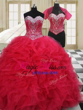 High End Floor Length Red Quinceanera Gown Sweetheart Sleeveless Lace Up