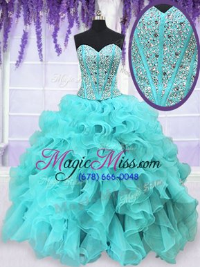 Luxury Aqua Blue Sweetheart Lace Up Beading and Ruffles Quinceanera Dress Sleeveless