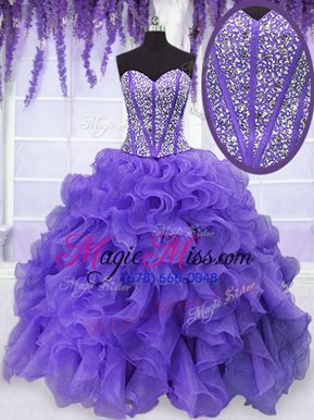 Affordable Floor Length Lace Up 15th Birthday Dress Lavender and In for Military Ball and Sweet 16 and Quinceanera with Beading and Ruffles