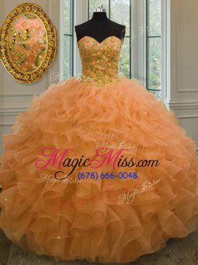 Orange Lace Up 15 Quinceanera Dress Beading and Ruffles Sleeveless Floor Length