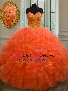 Edgy Orange Red Quinceanera Dress Military Ball and Sweet 16 and Quinceanera and For with Beading and Ruffles Sweetheart Sleeveless Lace Up