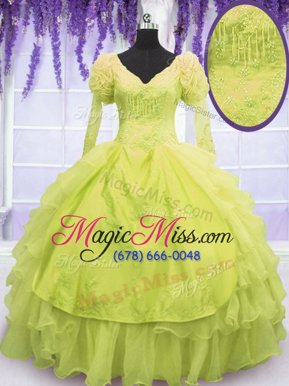 Discount Yellow Green Organza Lace Up V-neck Sleeveless Floor Length Quinceanera Gowns Beading and Embroidery and Ruffles