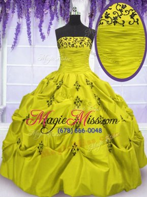 Extravagant Yellow Green Taffeta Lace Up Sweet 16 Dress Sleeveless Floor Length Embroidery and Ruffled Layers