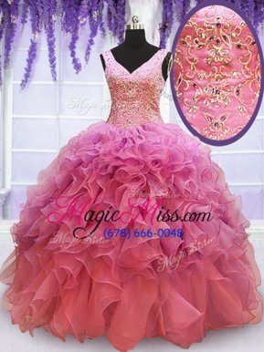 Sophisticated Pink Ball Gowns Organza V-neck Sleeveless Beading and Embroidery and Ruffles Floor Length Lace Up Sweet 16 Dresses