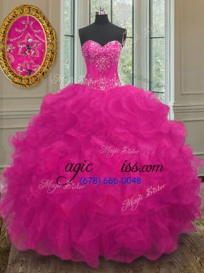 Pretty Fuchsia Sweet 16 Dress Military Ball and Sweet 16 and Quinceanera and For with Beading and Embroidery Sweetheart Sleeveless Lace Up