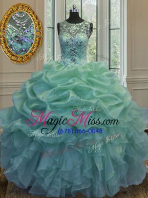 Spectacular Scoop Beading and Ruffles and Pick Ups Sweet 16 Dress Green Lace Up Sleeveless Floor Length