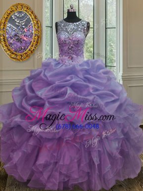 Excellent Scoop Lavender Sleeveless Floor Length Beading and Ruffles and Pick Ups Lace Up Quinceanera Gowns