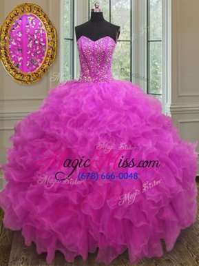 Fine Floor Length Lace Up Sweet 16 Dress Fuchsia and In for Military Ball and Sweet 16 and Quinceanera with Beading and Ruffles