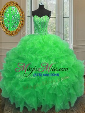 Unique Green Organza Lace Up Quinceanera Gowns Sleeveless Floor Length Beading and Ruffles