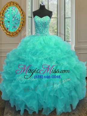Top Selling Aqua Blue Ball Gowns Beading and Ruffles Vestidos de Quinceanera Lace Up Organza Sleeveless Floor Length
