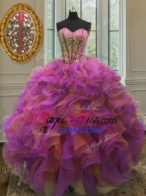 Top Selling Sweetheart Sleeveless Quinceanera Gown Floor Length Beading and Ruffles Multi-color Organza