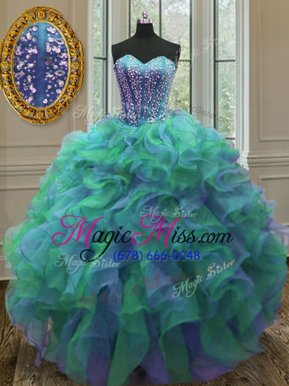 High End Sweetheart Sleeveless 15 Quinceanera Dress Floor Length Beading and Ruffles Multi-color Organza