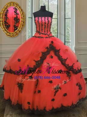 Spectacular Red Ball Gowns Strapless Sleeveless Tulle Floor Length Lace Up Appliques Ball Gown Prom Dress