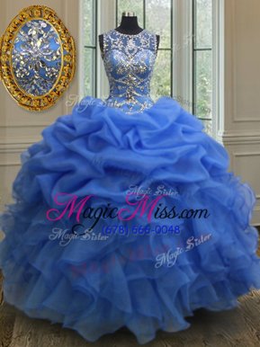 Scoop Floor Length Ball Gowns Sleeveless Blue Quinceanera Gown Lace Up