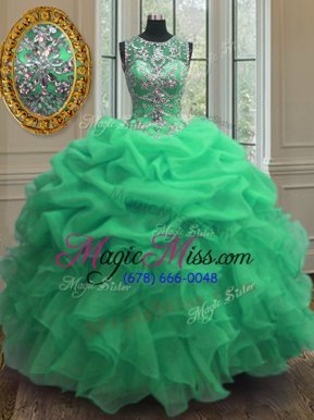 Scoop Green Sleeveless Floor Length Beading and Ruffles Lace Up Ball Gown Prom Dress