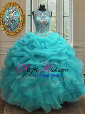 Stylish Baby Blue Scoop Neckline Beading and Ruffles Quinceanera Dress Sleeveless Lace Up
