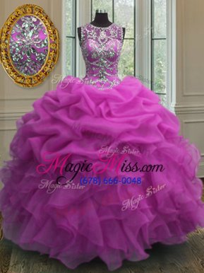 Comfortable Scoop Sleeveless Floor Length Beading and Ruffles and Pick Ups Lace Up Quinceanera Dresses with Fuchsia