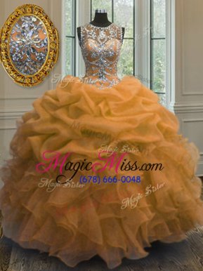 Unique Scoop Sleeveless Floor Length Beading and Ruffles and Pick Ups Lace Up 15th Birthday Dress with Orange