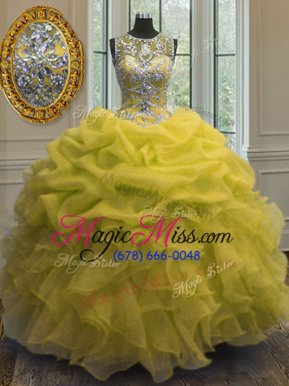 Amazing Yellow Scoop Lace Up Beading and Ruffles and Pick Ups Quinceanera Dress Sleeveless