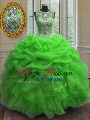Fashionable Scoop Sleeveless Organza Quince Ball Gowns Beading and Ruffles and Pick Ups Lace Up