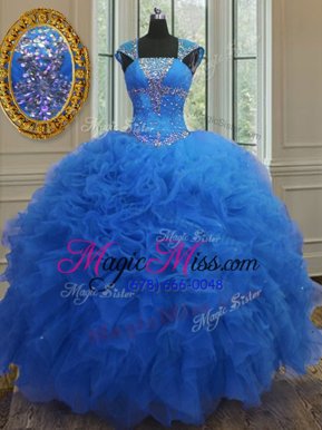 Pretty Royal Blue Organza Lace Up 15th Birthday Dress Cap Sleeves Floor Length Beading and Ruffles and Sequins