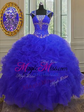 Sequins Ball Gowns Sweet 16 Dress Blue Straps Organza Cap Sleeves High Low Lace Up