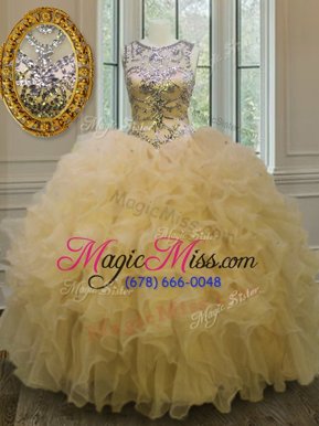 Graceful Organza Scoop Sleeveless Lace Up Beading and Ruffles Sweet 16 Dresses in Light Yellow