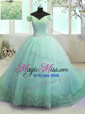 Fashion Off the Shoulder With Train Ball Gowns Sleeveless Turquoise Sweet 16 Quinceanera Dress Court Train Lace Up