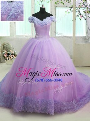 Excellent Off the Shoulder Lilac Short Sleeves Court Train Hand Made Flower With Train Quinceanera Gowns