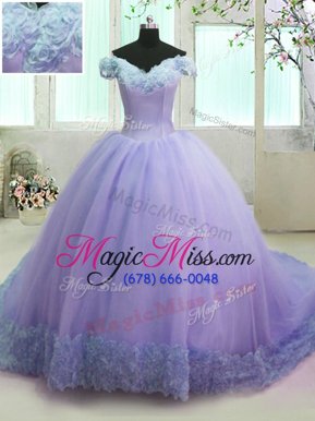 Lilac Quinceanera Dresses Military Ball and Sweet 16 and Quinceanera and For with Hand Made Flower Off The Shoulder Short Sleeves Court Train Lace Up