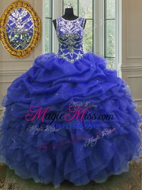 Perfect Scoop Pick Ups Royal Blue Sleeveless Organza Lace Up 15th Birthday Dress for Military Ball and Sweet 16 and Quinceanera