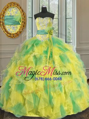 Modest Halter Top Floor Length Lace Up Quinceanera Dress Multi-color and In for Military Ball and Sweet 16 and Quinceanera with Beading and Appliques and Ruffles and Sashes|ribbons and Hand Made Flower